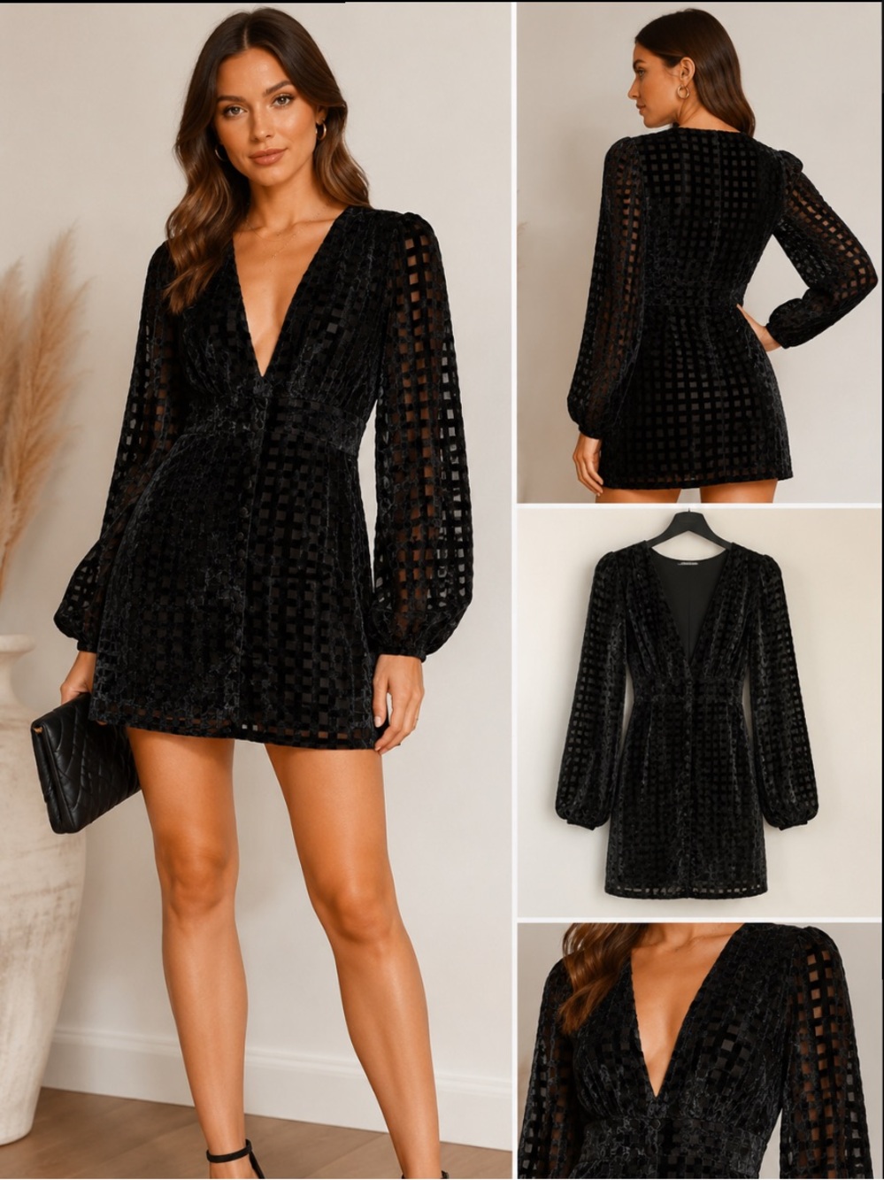 NWT Nasty Gal Black Velvet Mini Dress Deep V Button Front